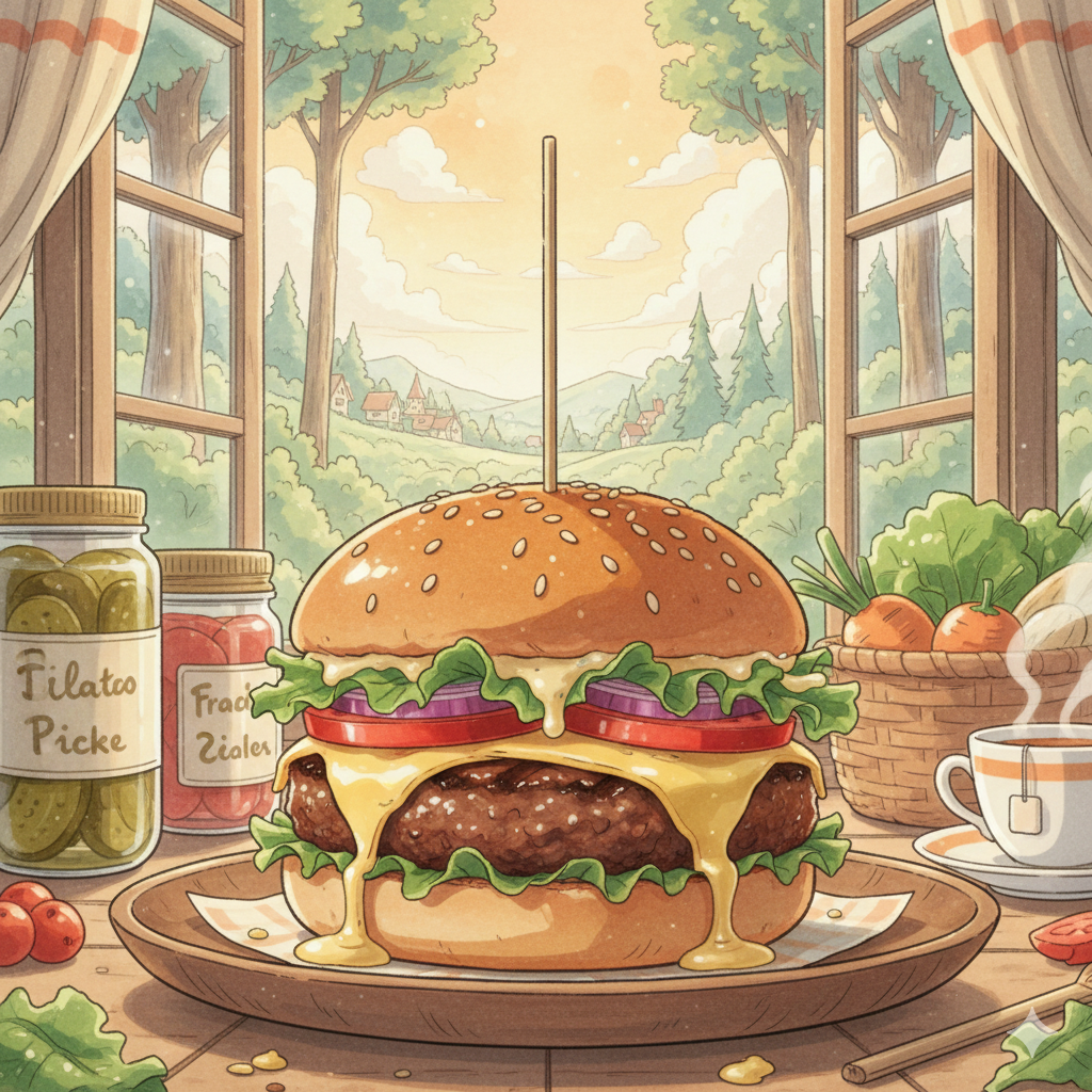 anime illustration of a steaming juicy homemade burger, delicious aesthetic food art without characters