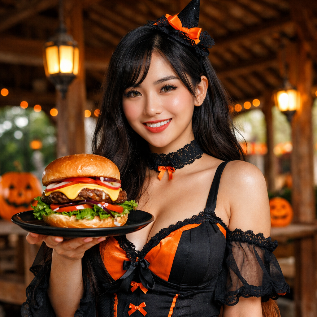 Juicy homemade burger presented by a smiling Asian woman wearing a stylish Halloween costume in a traditional wooden pendopo setting