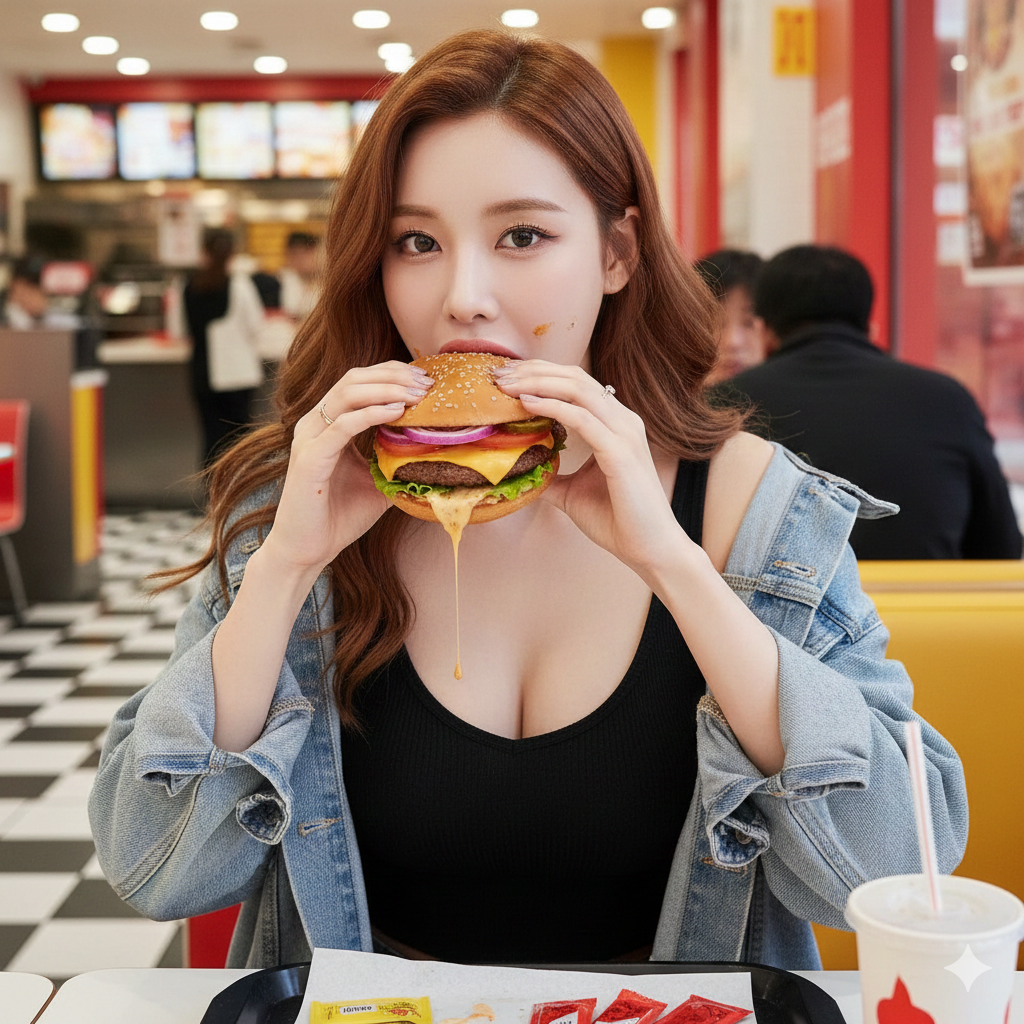Portrait of a beautiful young woman with K-pop idol fashion style eating a delicious juicy homemade burger in a fast food restaurant, lifestyle food photography