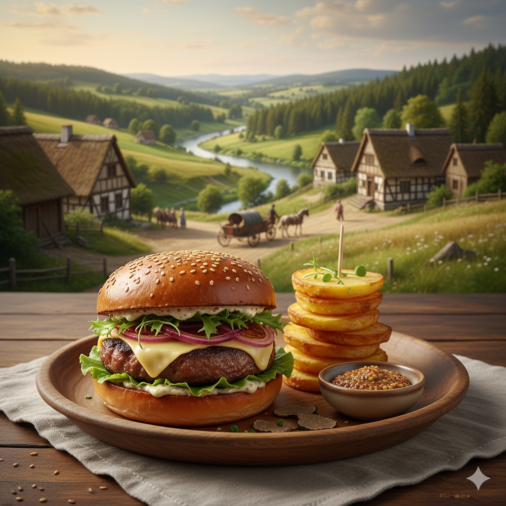 Front view of a delicious homemade beef burger with melted cheddar cheese, fresh lettuce, sliced tomato, red onion, and a sesame seed-topped bun against a beautiful rustic backdrop, styled like professional food photography.