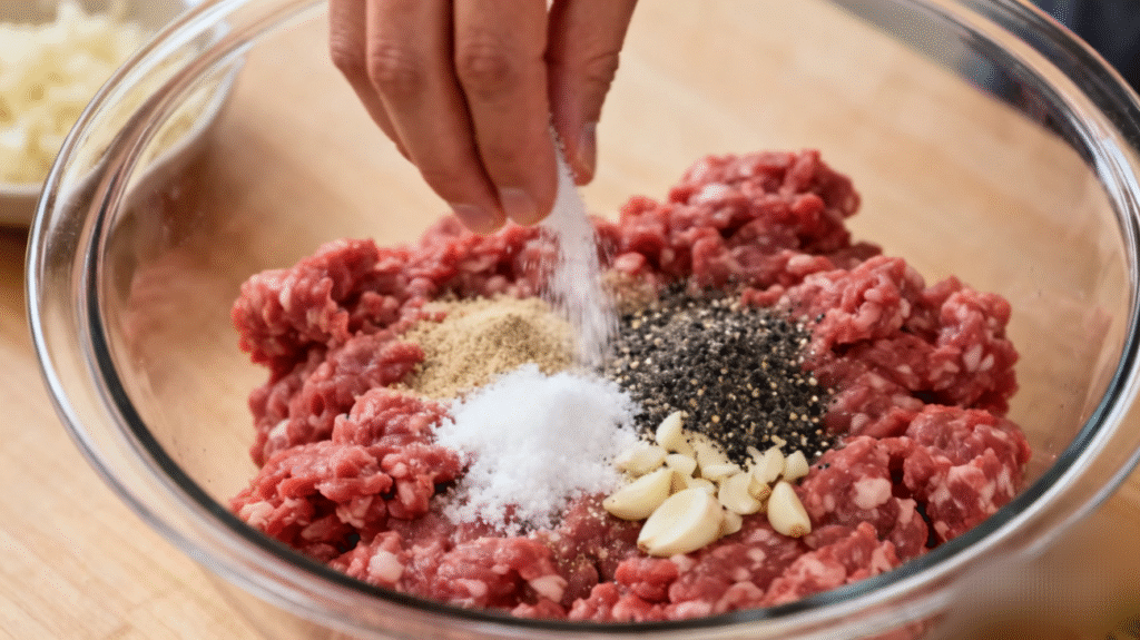 Seasoned ground beef placed in a bowl, ready for homemade burger preparation.