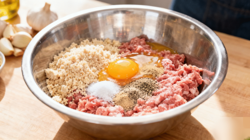 Ground beef mixed with breadcrumbs, egg yolk, garlic powder, salt, and black pepper in a bowl for homemade burger patties