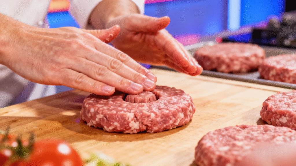Hands shaping raw beef mixture into a thick homemade burger patty before cooking