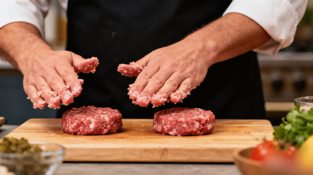 Burger patties being shaped evenly by hand on a kitchen surface.