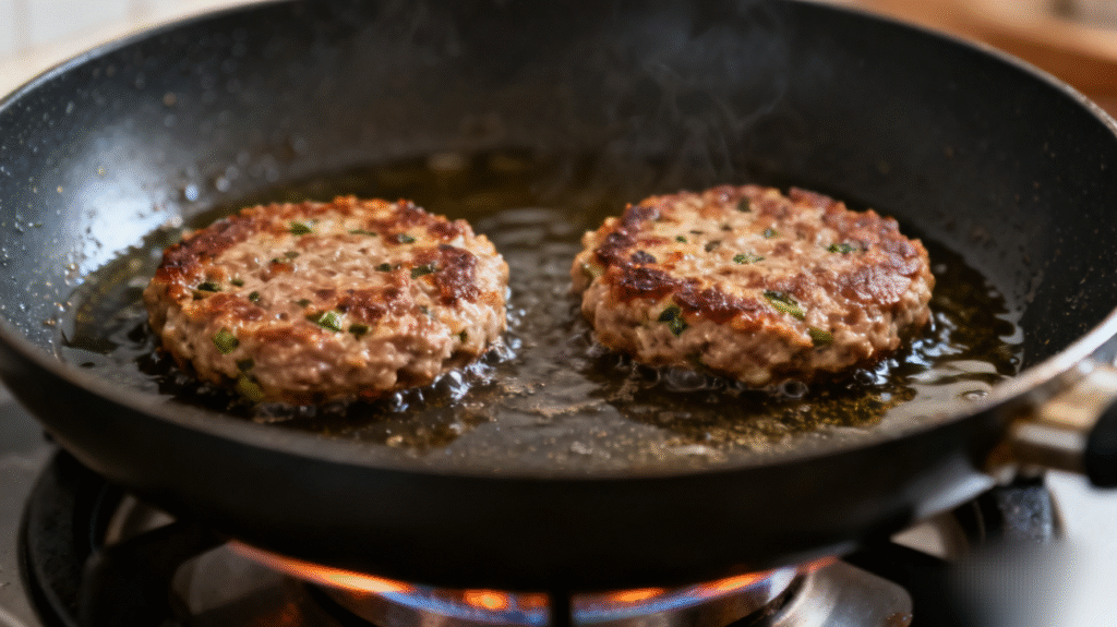 Beef burger patties cooking until browned and juicy in a frying pan.