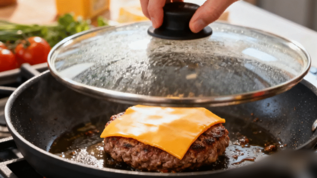 Cheddar cheese melting over a freshly cooked beef burger patty in a pan