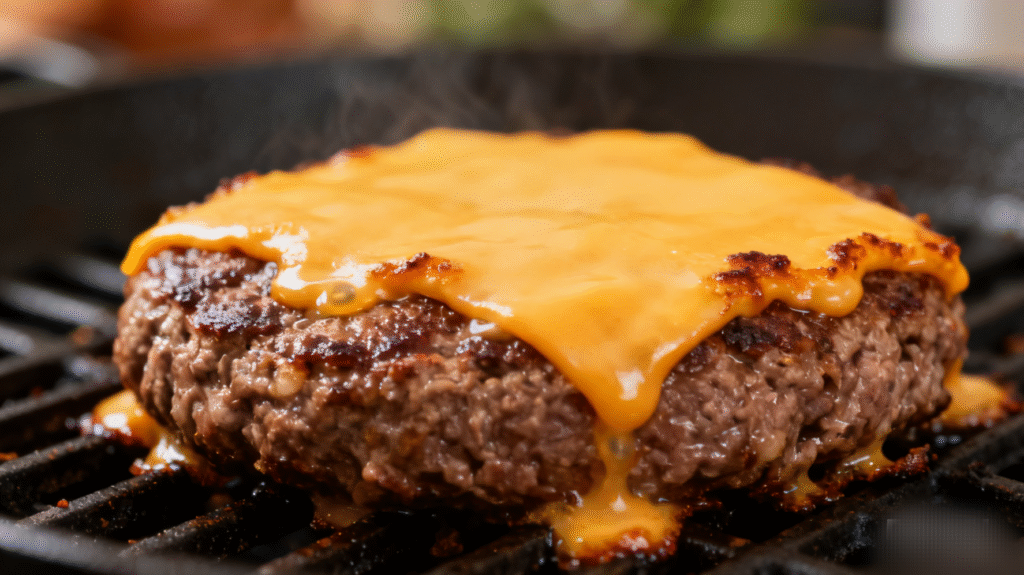 Cheddar cheese melting on top of burger patties after flipping.