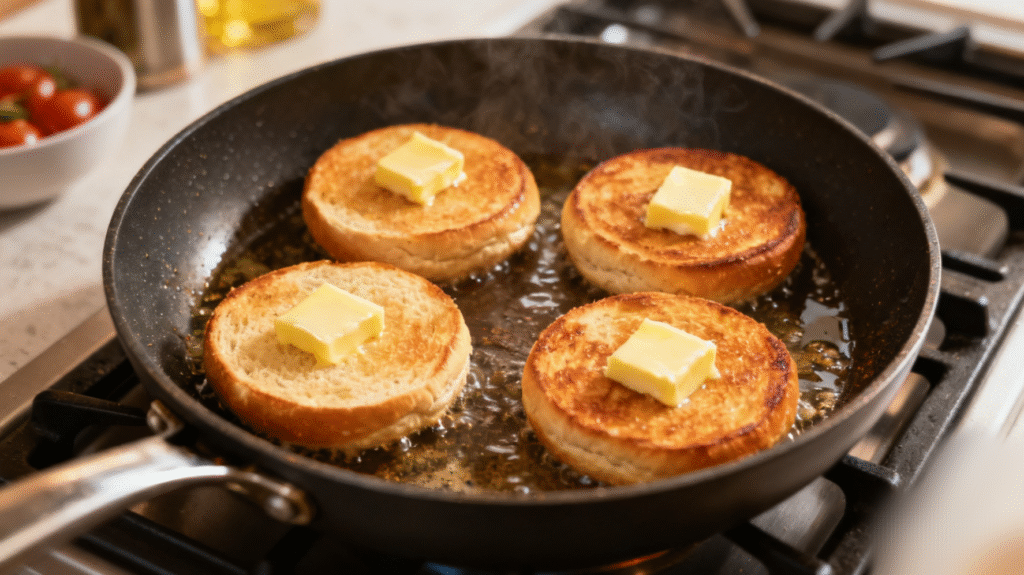 Burger buns being toasted with butter on a pan until golden and crispy
