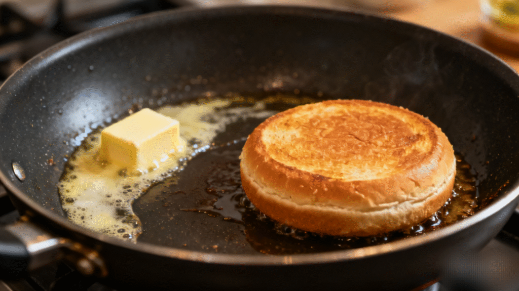 Burger buns being toasted with butter until golden brown.
