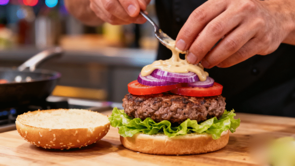 Fresh lettuce, tomato slices, and onion rings prepared as burger toppings. Homemade burger being assembled with beef patty, cheese, vegetables, and sauce.