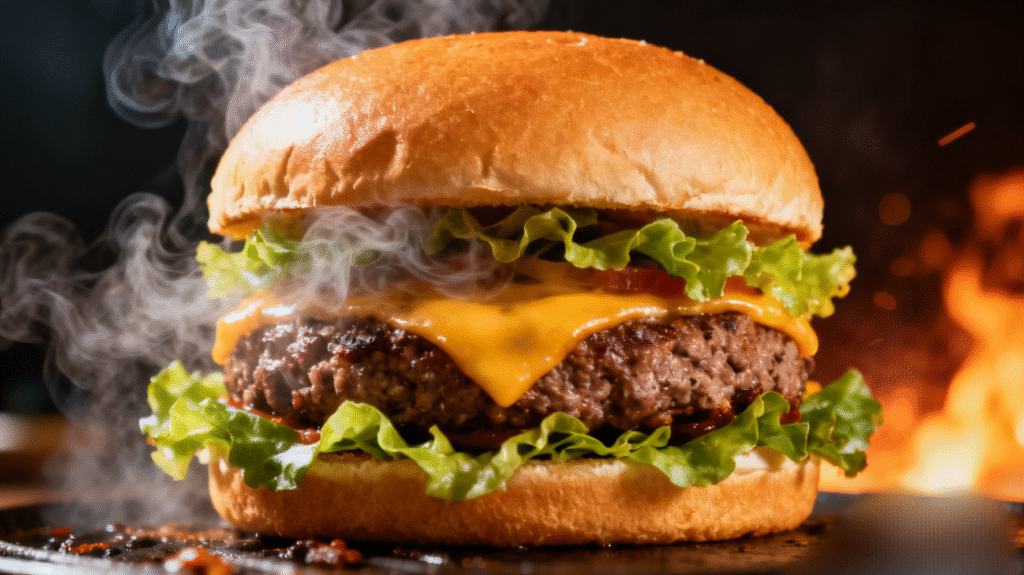 Layering lettuce, tomato, onion, beef patty, and sauce while assembling a homemade burger