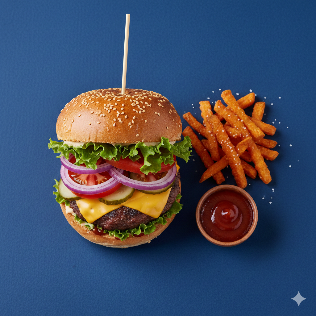Aerial view of a delicious homemade beef burger with melted cheddar cheese, fresh lettuce, sliced tomato, red onion, and a sesame seed-topped bun on a plain navy blue background, with ketchup and fries next to it, styled like professional food photography.