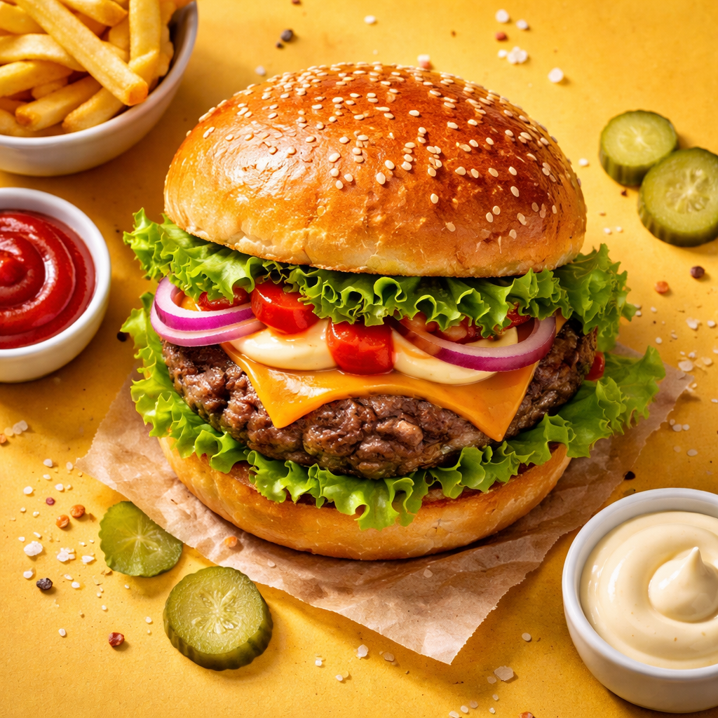 Top-down view of a juicy homemade beef burger with melted cheddar cheese, fresh lettuce, tomato slices, red onion, and sesame bun on a solid yellow background, styled as professional food photography.