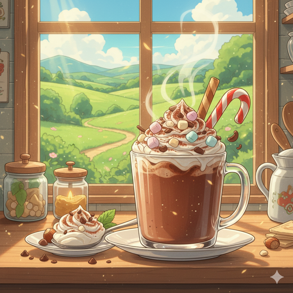 Detailed anime illustration of creamy homemade hot chocolate with marshmallows and cocoa dusting, set in a cozy interior by a window overlooking a softly lit village with warm evening lights, creating an inviting and comforting atmosphere.