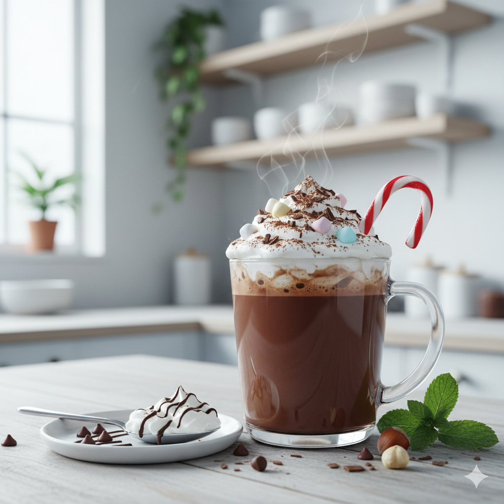 Creamy homemade hot chocolate in a rustic mug, layered with fluffy whipped cream, caramel drizzle, and crushed chocolate pieces, styled in a cozy atmosphere with knitted fabric, cinnamon sticks, and soft ambient lighting in the background.