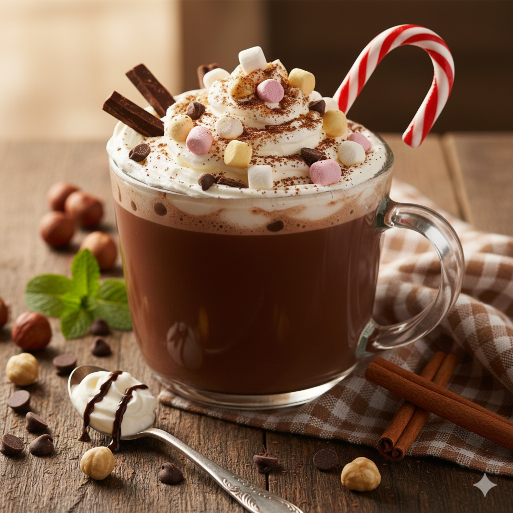 Homemade Hot Chocolate, in a textless food poster style, viewed from above in a professional photography style.