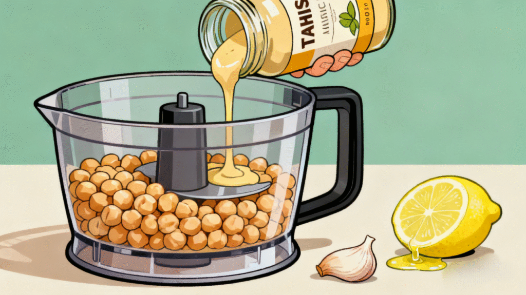 Chickpeas, tahini, garlic, and lemon juice placed in a food processor before blending hummus