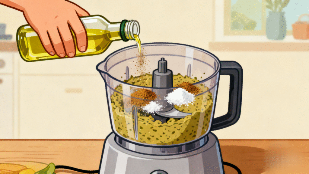 Olive oil, cumin, and salt being added to hummus mixture in a blender