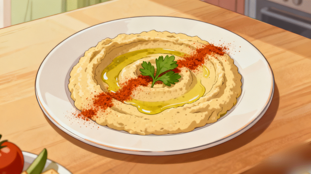Creamy hummus topped with olive oil, paprika, chickpeas, and parsley, ready to serve