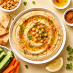 Top view food photography of creamy hummus in a white bowl with olive oil drizzle and paprika on a solid pastel background, minimalist and clean style