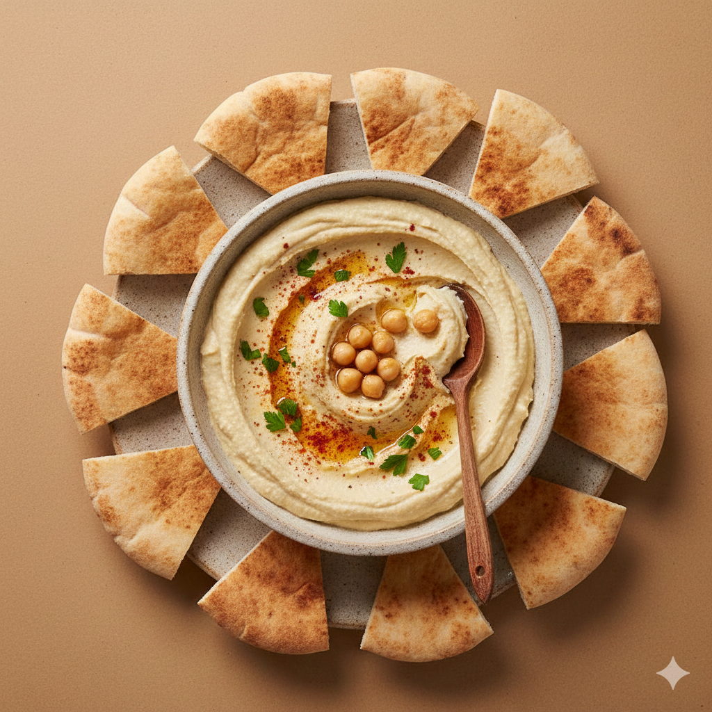 Top view of creamy hummus bowl with olive oil, chickpeas, and paprika on a solid beige background, professional food photography.
