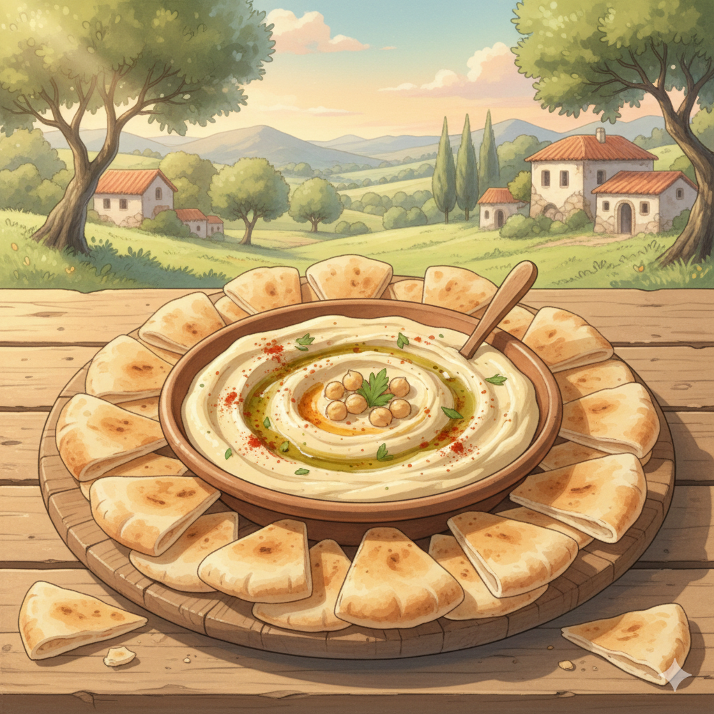 hand-drawn illustration of a delicious creamy hummus bowl with warm lighting and cozy aesthetic, no characters.