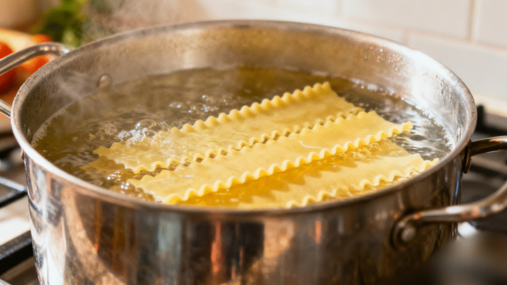 Lasagna noodles boiling in hot water until perfectly tender for layered lasagna recipe