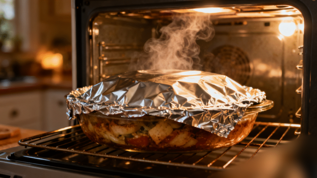 Bake the lasagna in the oven covered with aluminum foil until the cheese is melted and the top is golden brown