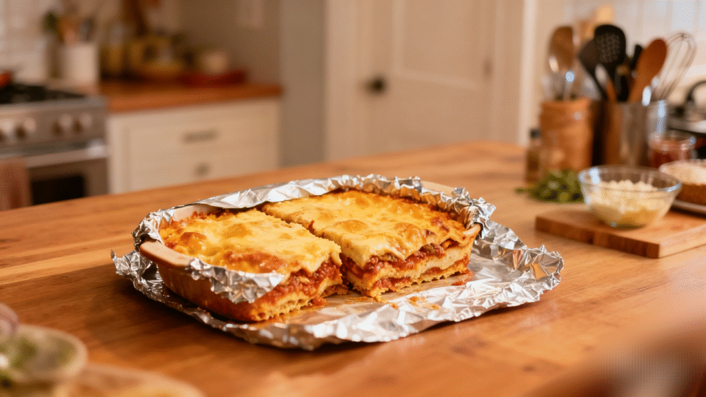Slice of classic cheesy lasagna served warm with visible layers of pasta, sauce, and melted cheese