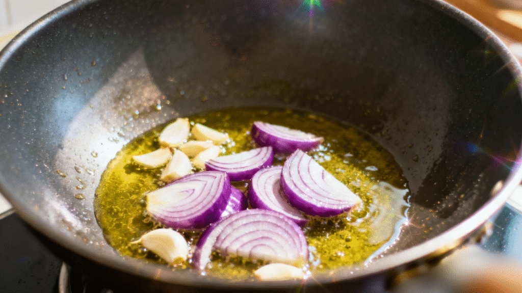 fry onions with olive oil in a pan
