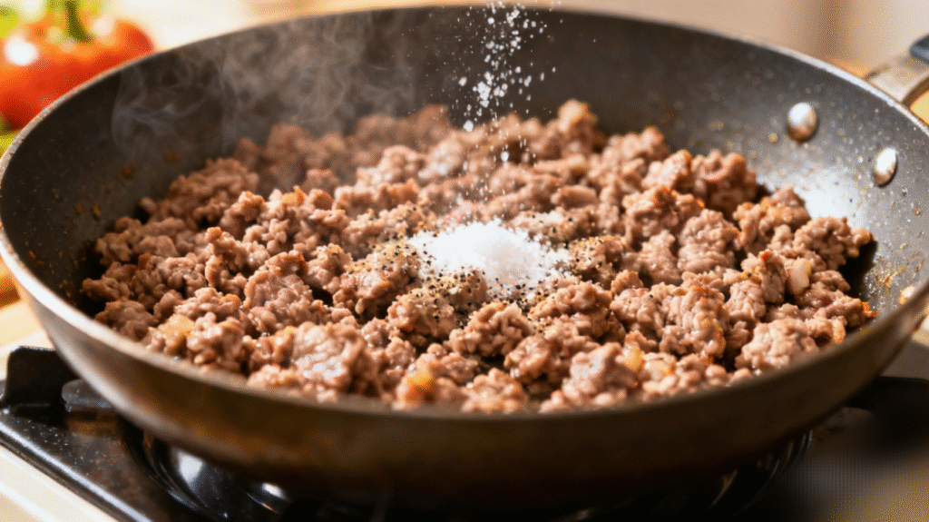 The meat is fried in a pan until brown and sprinkled with salt.