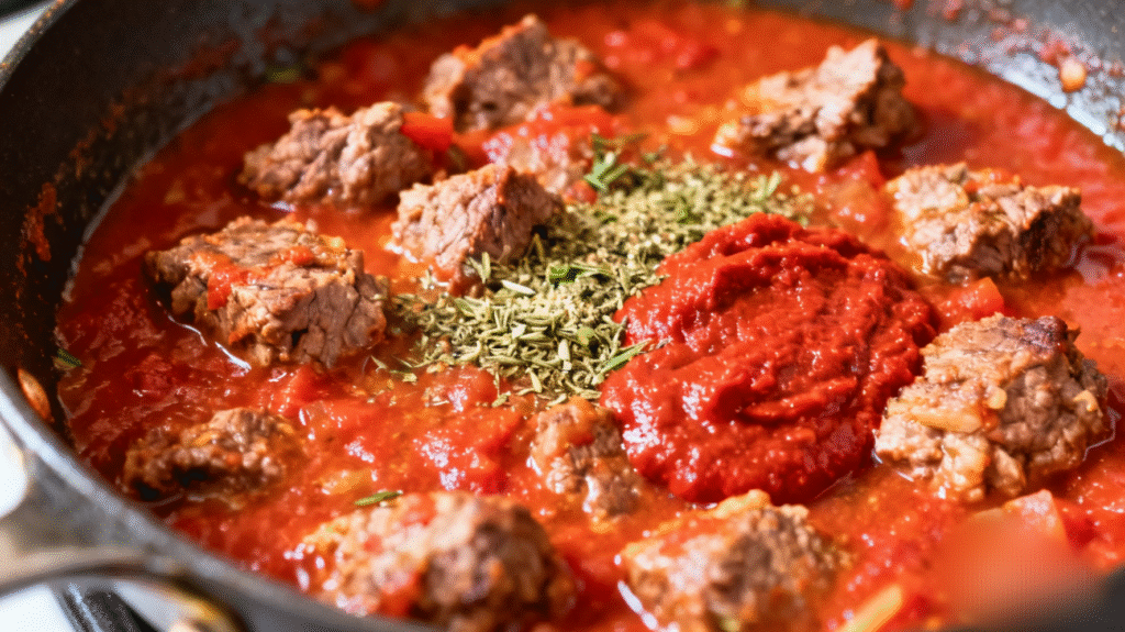 Ground meat being cooked with onion, garlic, and tomato sauce in a pan for classic homemade lasagna