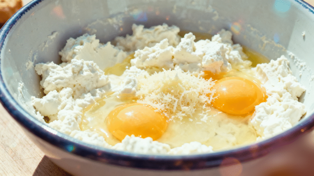 Ricotta cheese mixed with egg and parmesan in a bowl for creamy lasagna filling