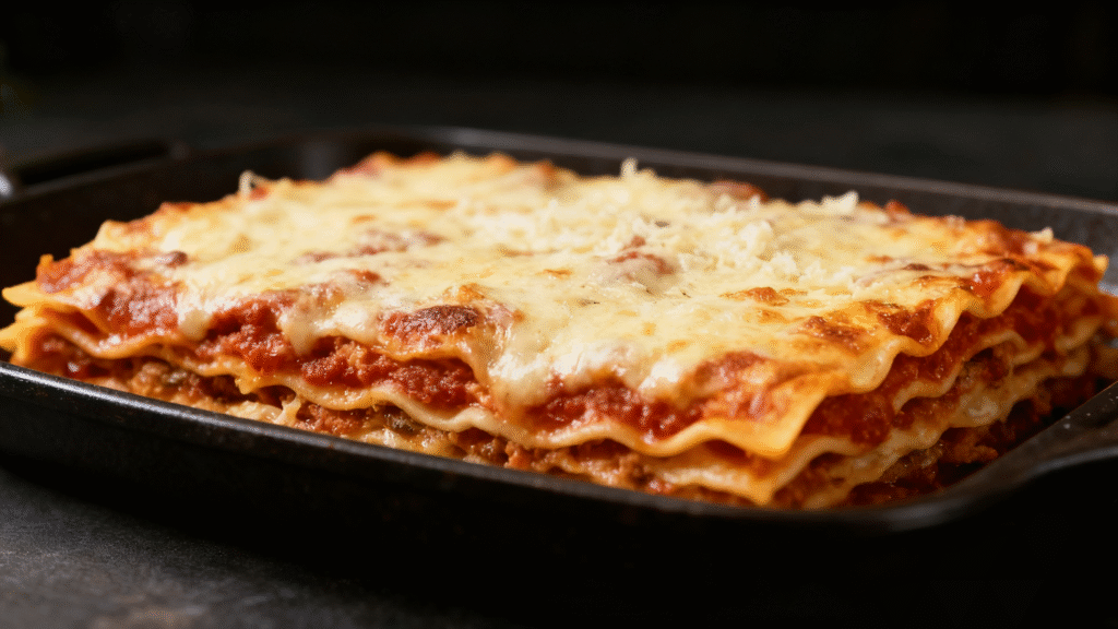 Unbaked lasagna topped with shredded mozzarella and parmesan cheese, ready for oven baking