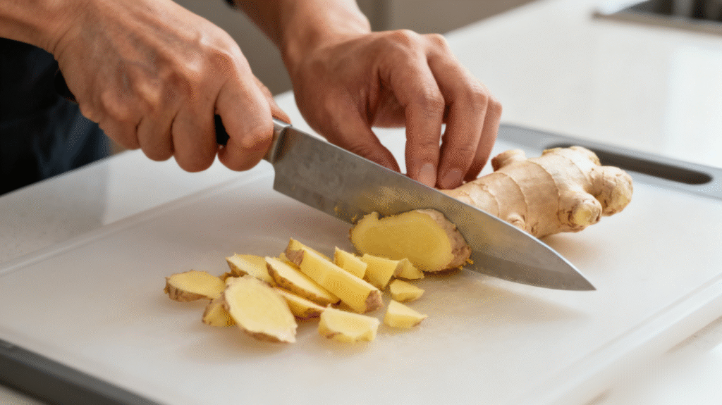 Fresh ginger root being chopped into small pieces on a wooden cutting board for homemade ginger lemon immunity shot.