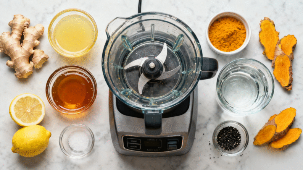 Fresh ginger root, whole lemons, honey, turmeric powder, and black pepper arranged neatly on a kitchen surface before making ginger lemon shot.
