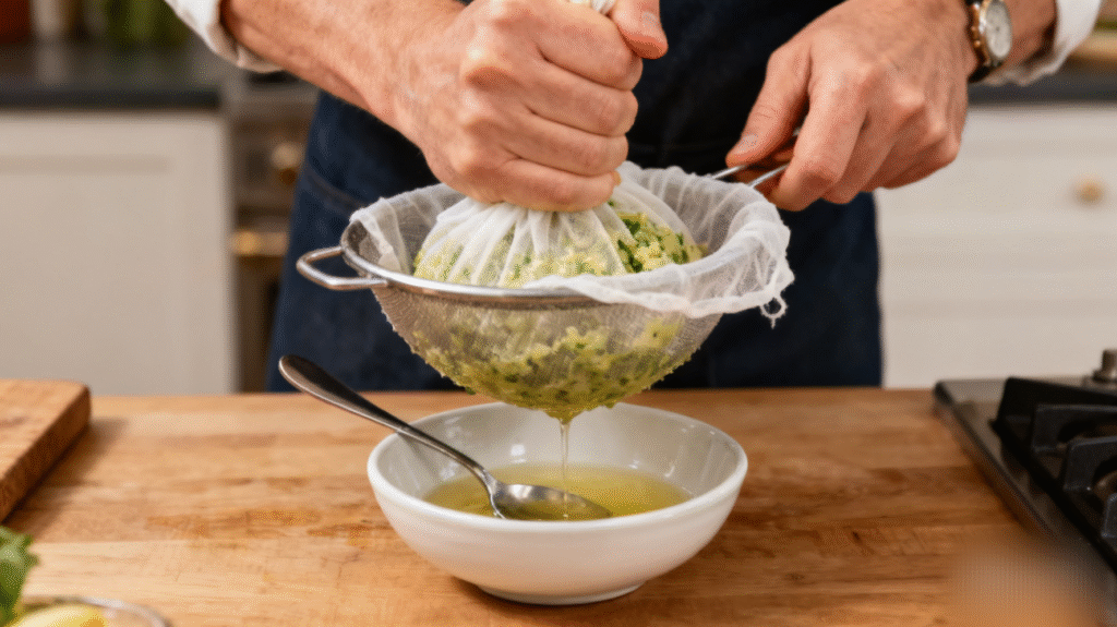 Straining blended ginger lemon mixture using a fine strainer to extract smooth liquid for wellness shot