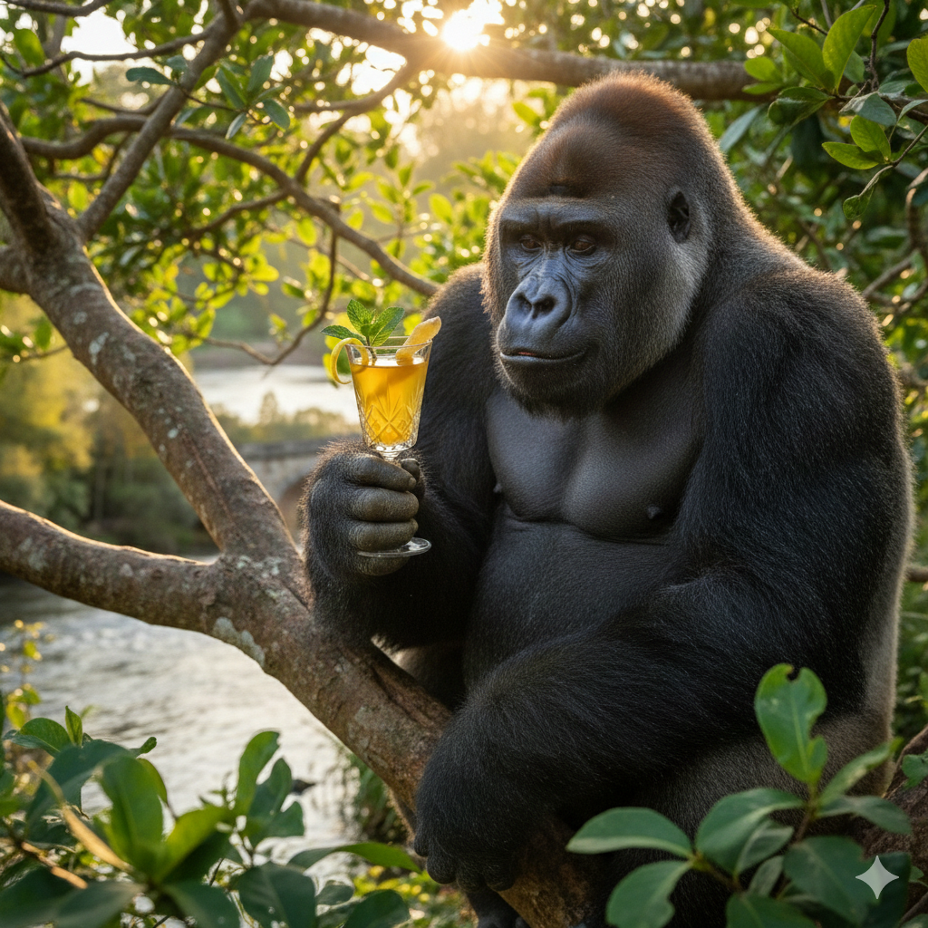 Creative illustration of a powerful gorilla perched on a tree branch holding a small glass bottle of vibrant ginger lemon shot, featuring golden liquid tones, fresh lemon slices, and lush jungle foliage to symbolize raw natural energy and strong immunity.