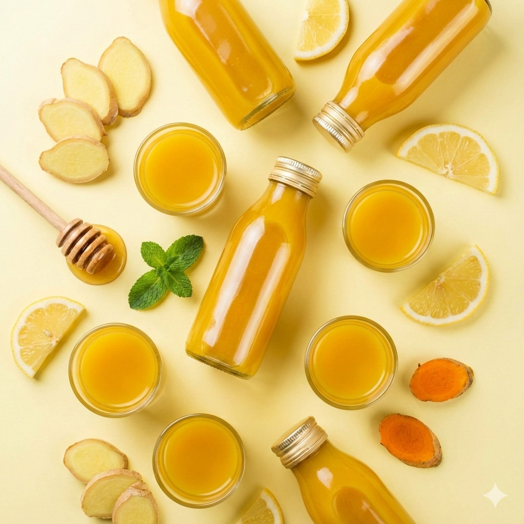 Top down view of fresh ginger lemon shots in small clear glass bottles filled with vibrant golden liquid, arranged with sliced lemons and whole ginger roots on a bright yellow background to highlight a healthy immunity booster concept.
