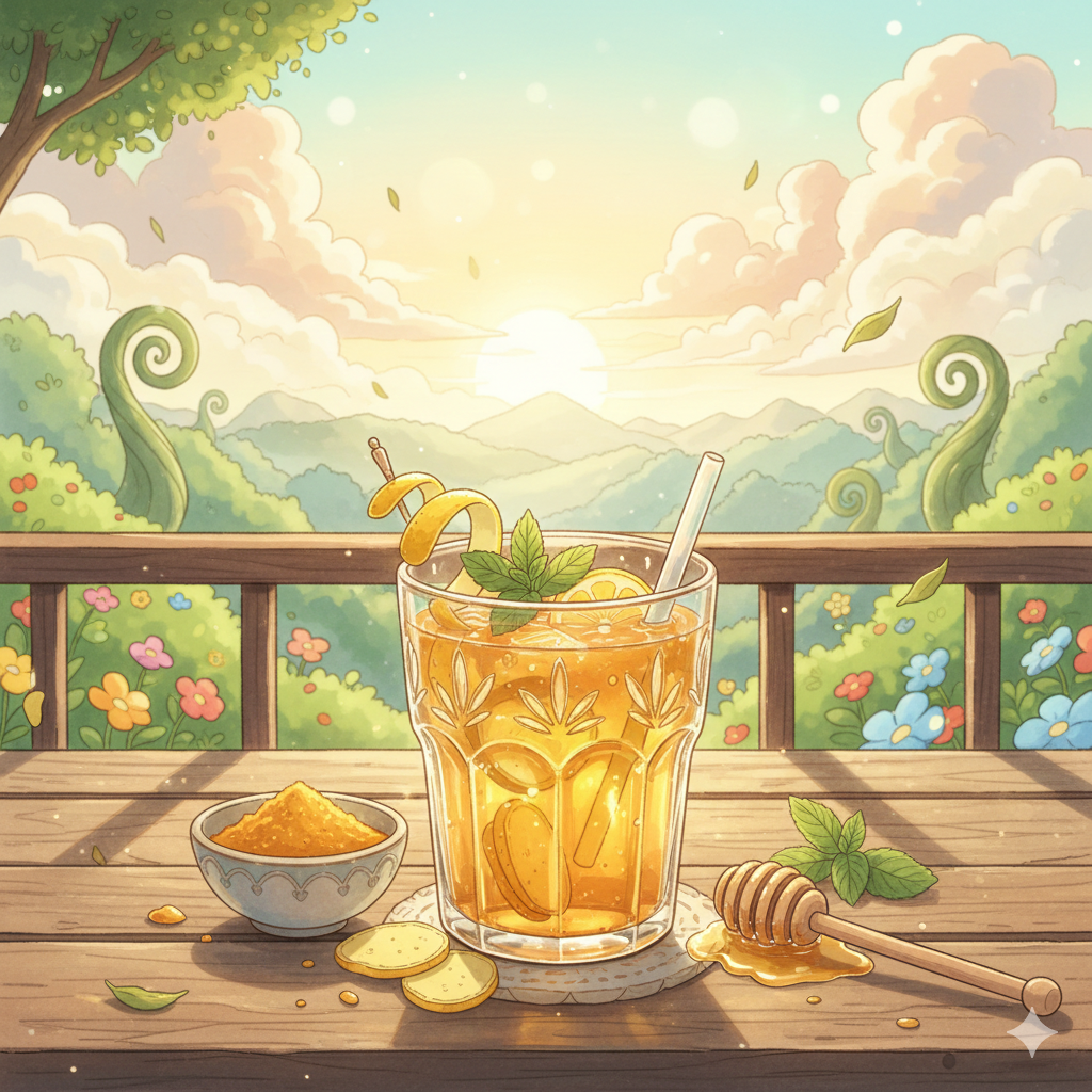 Anime style illustration of a refreshing ginger lemon shot in a small clear glass, featuring vibrant golden tones with visible ginger pulp and floating lemon slice, surrounded by warm cozy lighting and soft artistic background details.