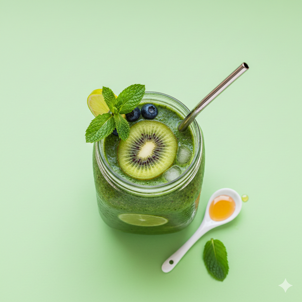Overhead shot of a creamy green detox smoothie with smooth blended texture, topped with neatly arranged kiwi rounds and fresh mint sprigs, captured on a solid minimalist backdrop in high resolution food photography.