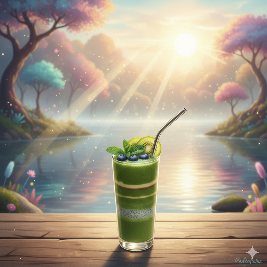 Anime style illustration of a vibrant green smoothie in a clear glass with creamy blended texture, topped with kiwi slices and fresh mint leaves, rendered with high quality details and soft lo fi aesthetic lighting on a cozy wooden desk.