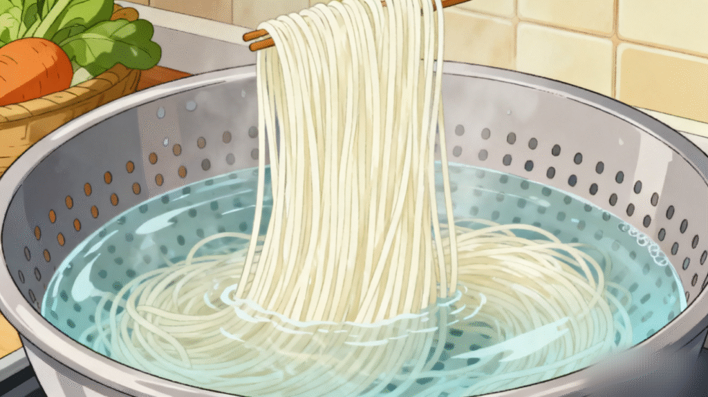 Rice noodles soaking in warm water in a bowl, preparation step for homemade Pad Thai recipe