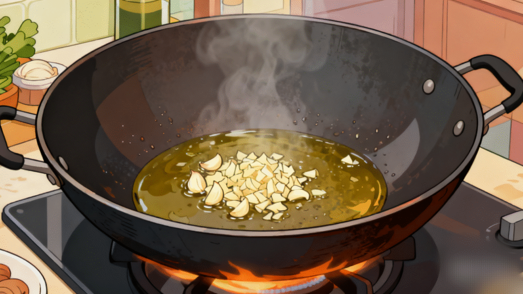 Minced garlic being sautéed in a hot wok, creating aroma for Pad Thai base