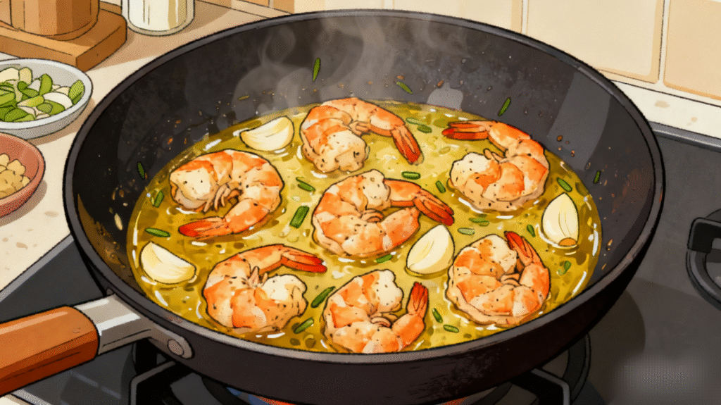Shrimp and chicken cooking in a wok for Pad Thai, protein preparation step