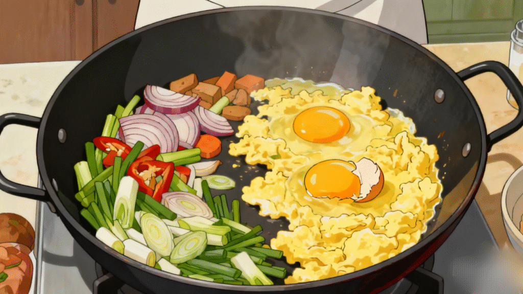 Eggs being scrambled in a wok alongside noodles, classic Pad Thai cooking technique