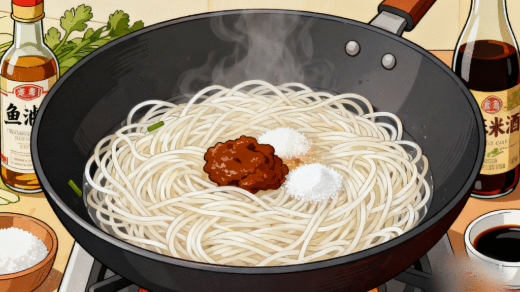 Rice noodles mixed with tamarind sauce, fish sauce, and sugar in a wok, authentic Pad Thai flavor process