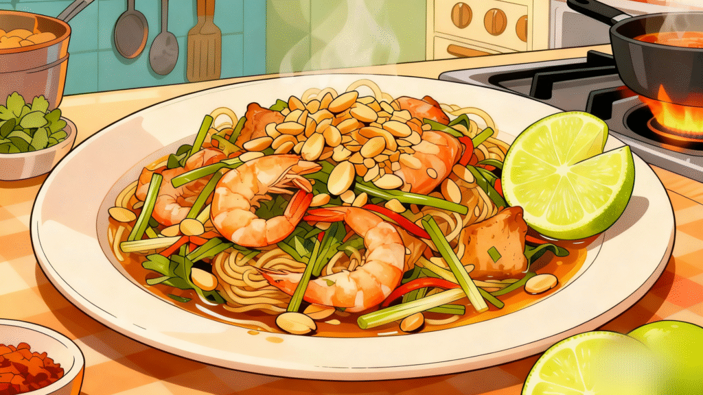 Finished Pad Thai garnished with crushed peanuts and lime wedges, ready to serve