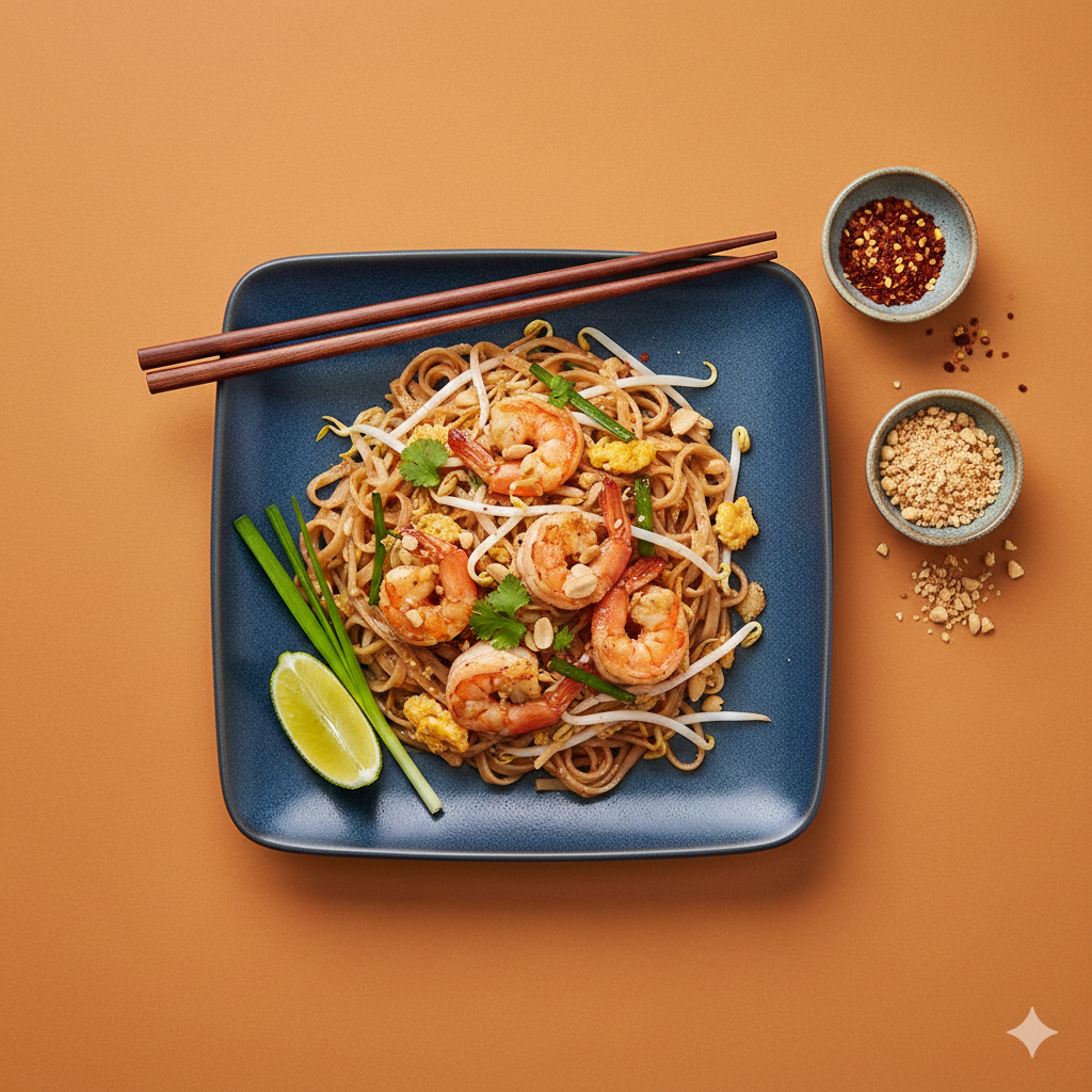 Top view of authentic Pad Thai noodles with large prawns, bean sprouts, and lime on a blue ceramic plate, solid terracotta background, professional food photography.