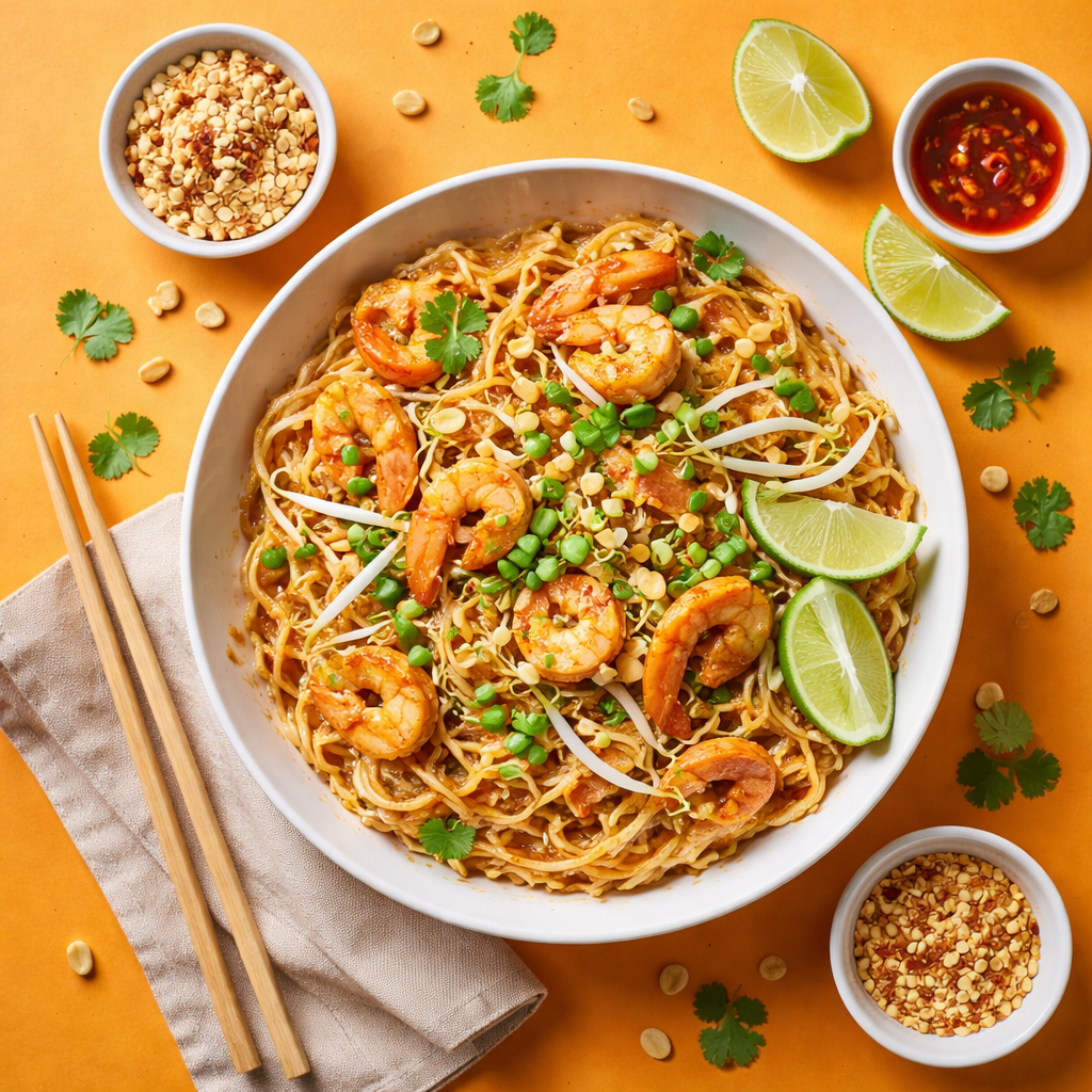 Top view food photography of homemade Pad Thai noodles served on a white plate with shrimp, crushed peanuts, bean sprouts, and lime wedges on a solid color background